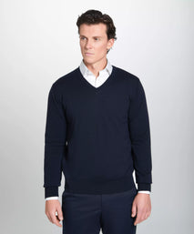 Navy Blue Merino Wool V-Neck Sweater