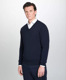 Navy Blue Merino Wool V-Neck Sweater