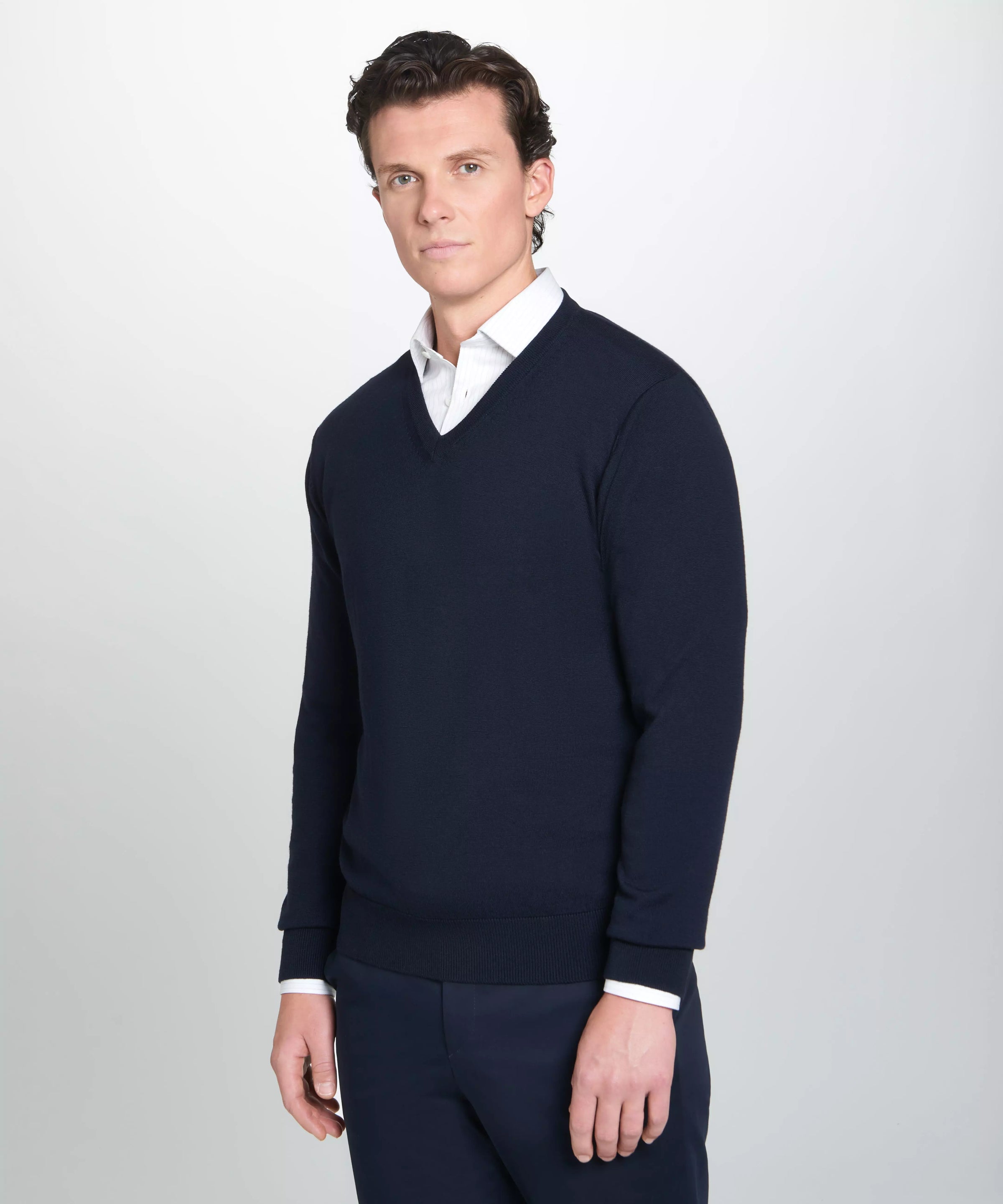 Navy Blue Merino Wool V-Neck Sweater