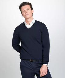 Navy Blue Merino Wool V-Neck Sweater