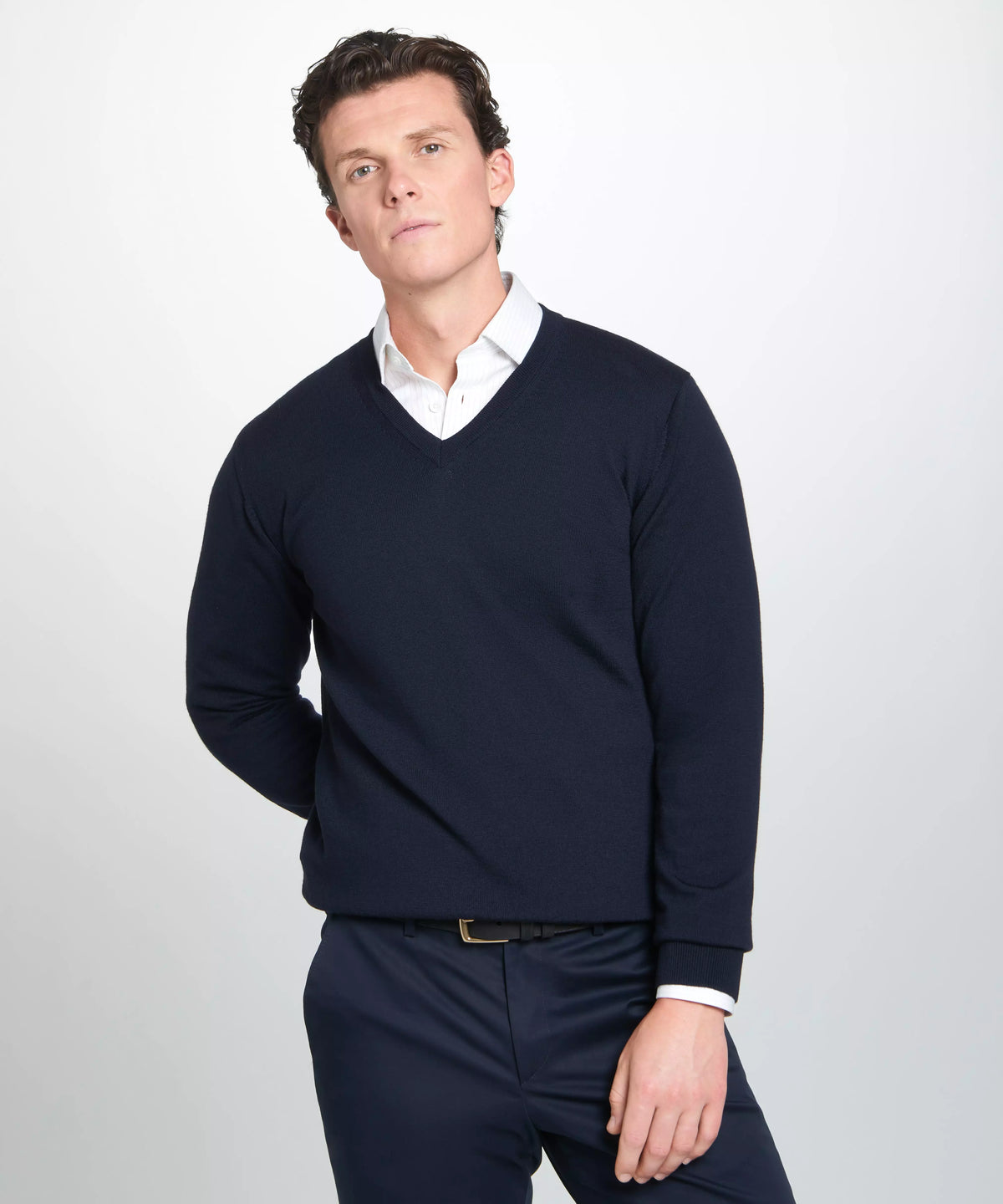 Navy Blue Merino Wool V-Neck Sweater