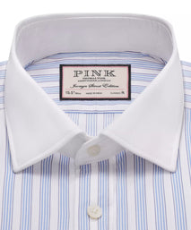 Pale Blue & White Classic Fit Formal Double Cuff Barbican Stripe Shirt