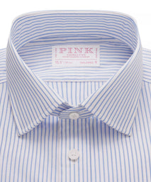 Blue & White Tailored Fit Double Cuff Panama Medium Stripe Formal Shirt